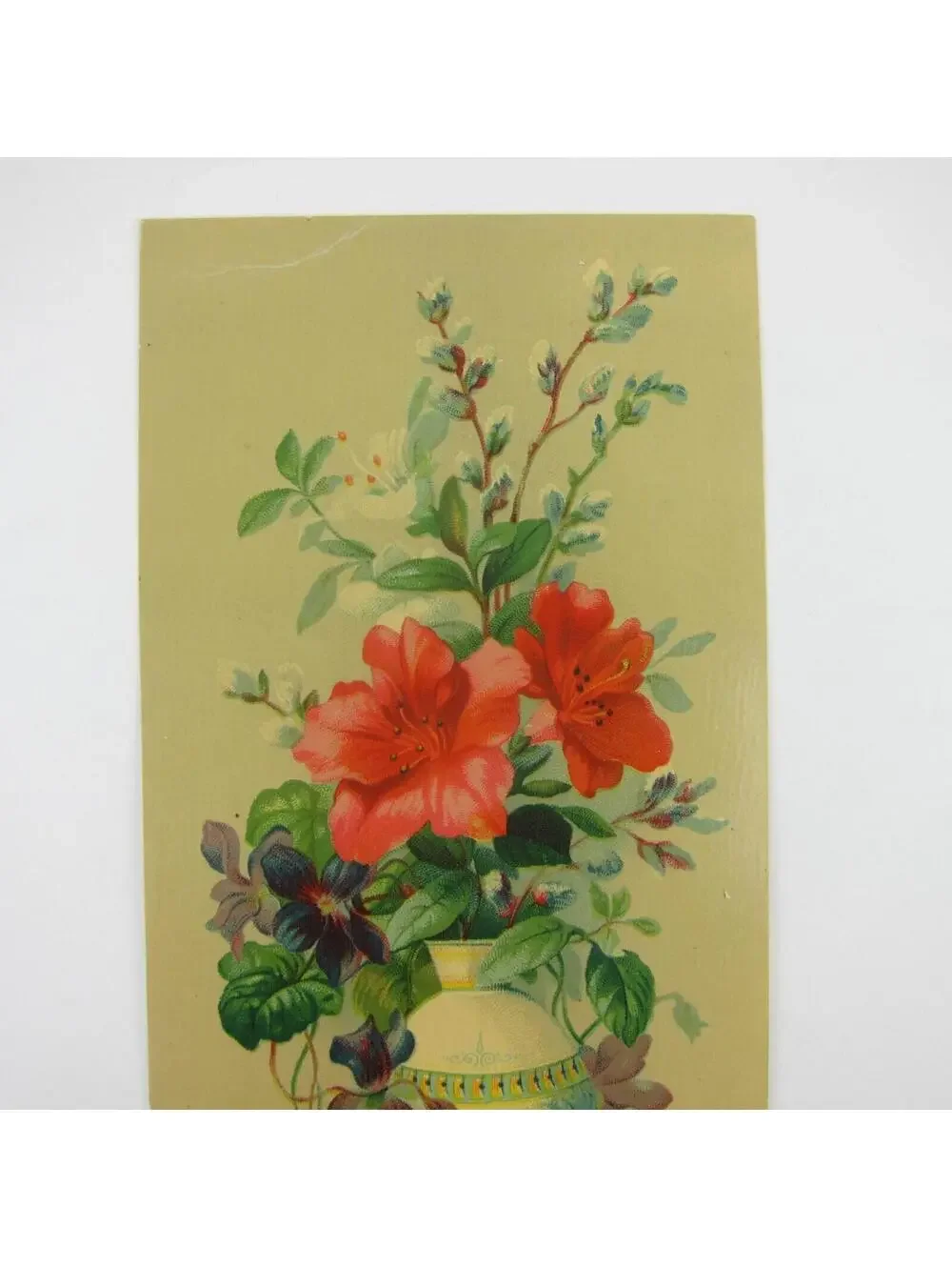 Victorian Birthday Greeting Card Flower Bouquet in Vase Red Purple Antique 1880